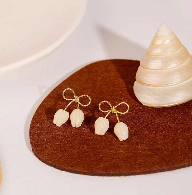 White Tulip Bow Earrings