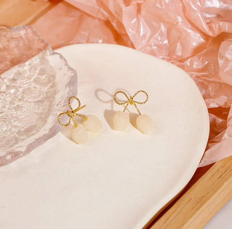 White Tulip Bow Earrings
