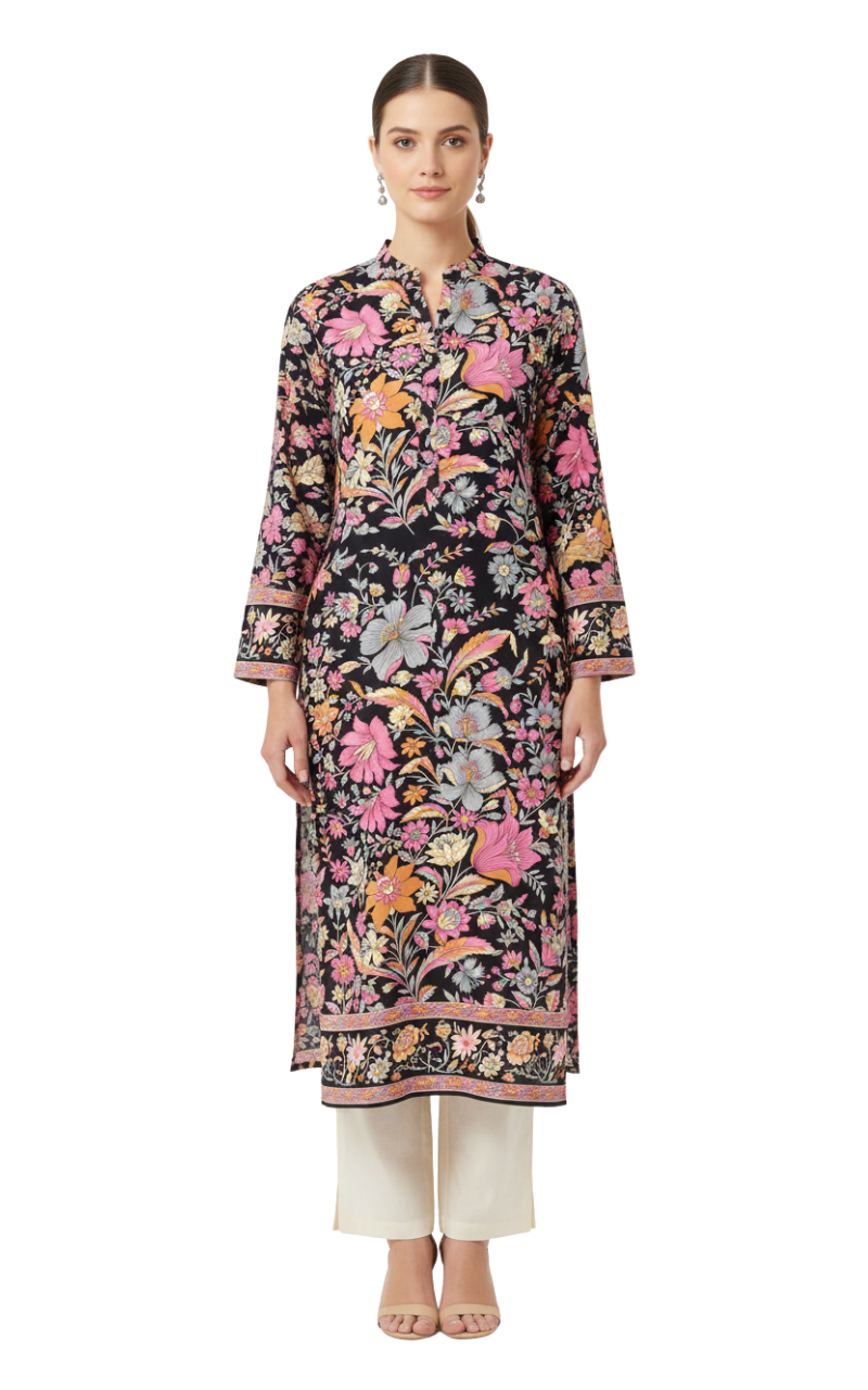 Kashmiri Noir Floral Printed Kurta