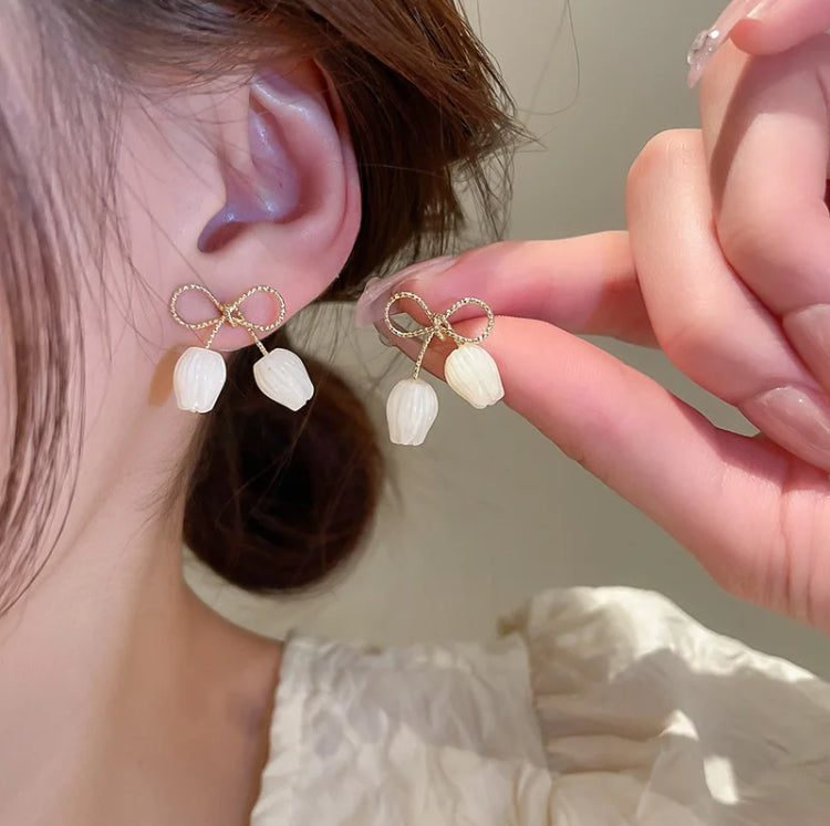 White Tulip Bow Earrings