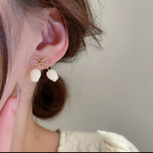 White Tulip Bow Earrings