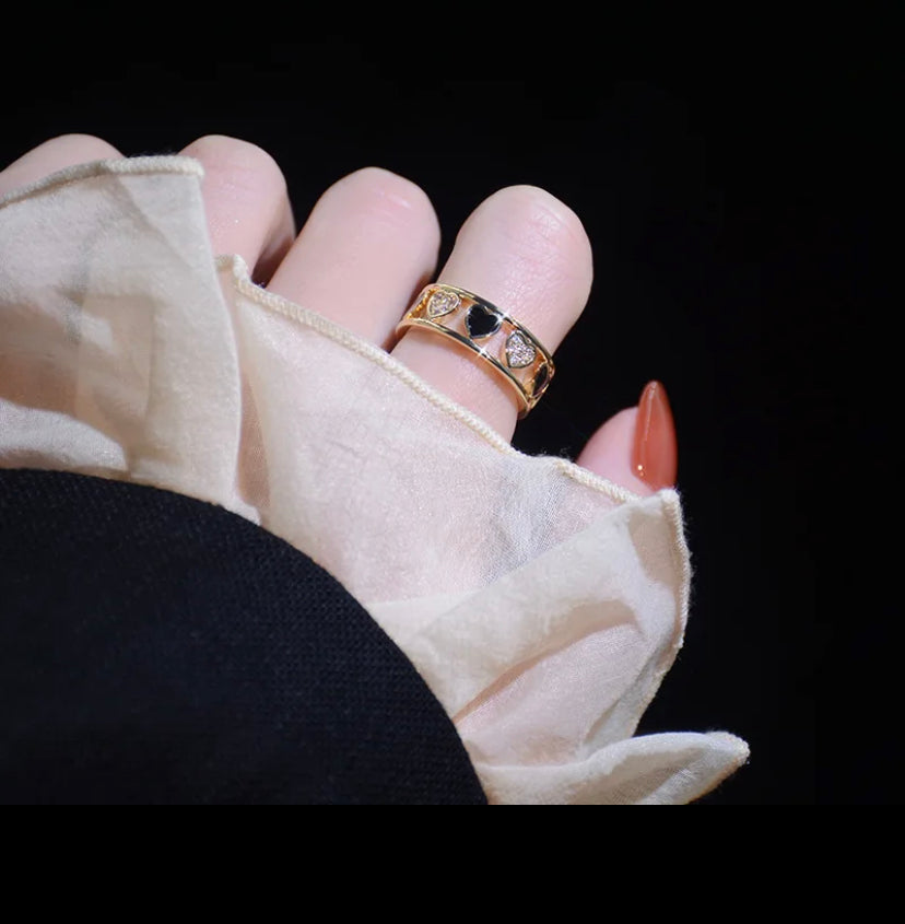 Enamel Heart Diamond Studded Adjustable Ring