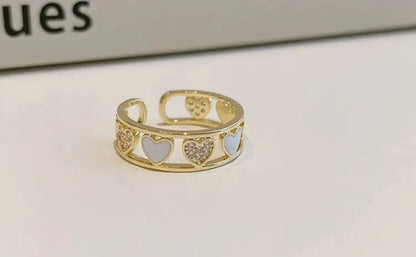 Enamel Heart Diamond Studded Adjustable Ring