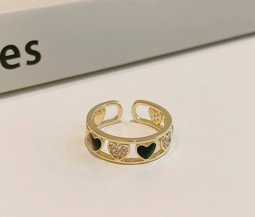 Enamel Heart Diamond Studded Adjustable Ring