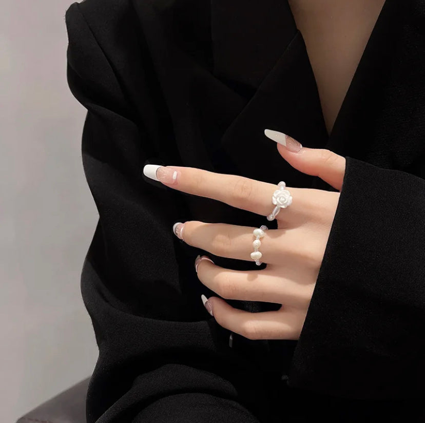 Beaded Pearl Rings Set Of 2