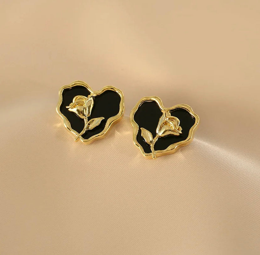 Black Heart With Gold Rose Studs