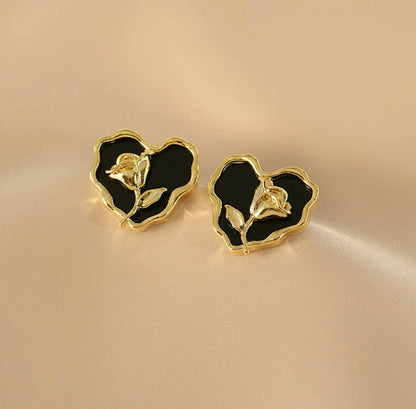 Black Heart With Gold Rose Studs